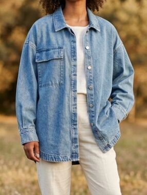 Zulu & Zephyr Oversized Jean Jacket 100% Cotton Button Front Versatile Casual